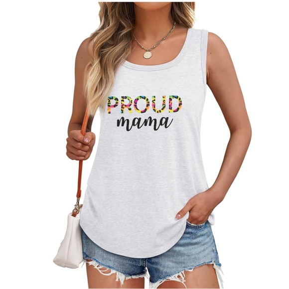 Hand Crafted Tops - White 'Proud Mama' Pride Month Tank Top